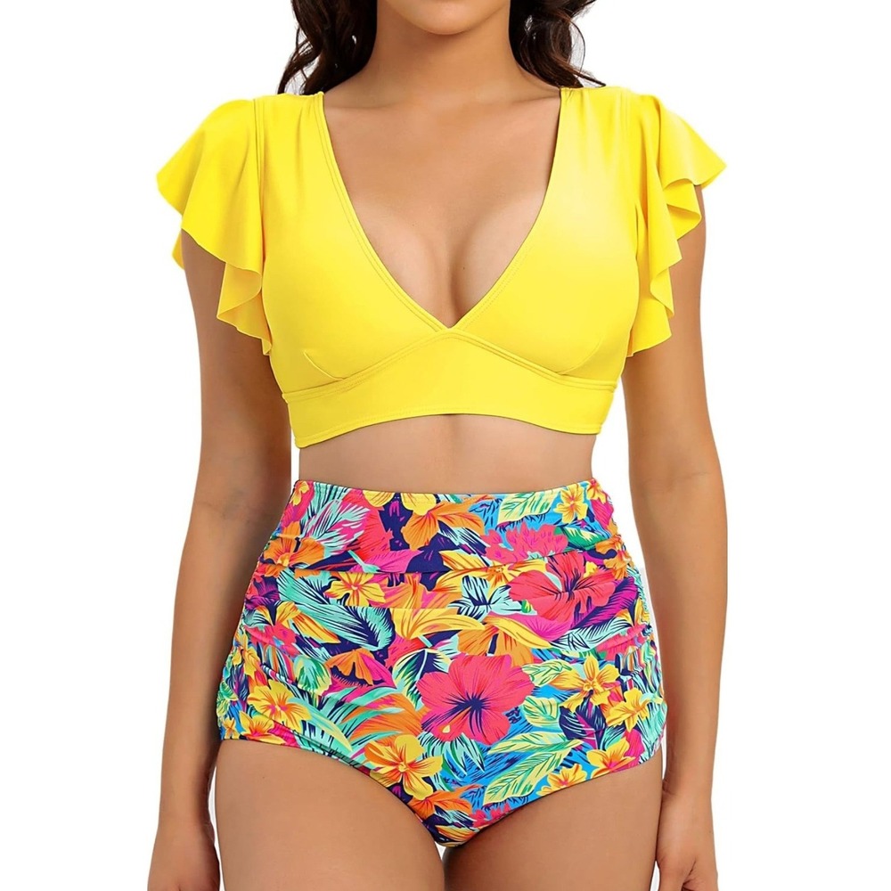 Sporlike Bikini Set Womens L Yellow Tropical Ruffle High Waist Floral 499 NWT